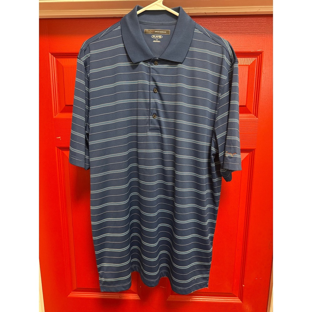 Greg Norman Play Dry Mens Large Navy Blue Striped Golf Polo Shirt Short Sleeve